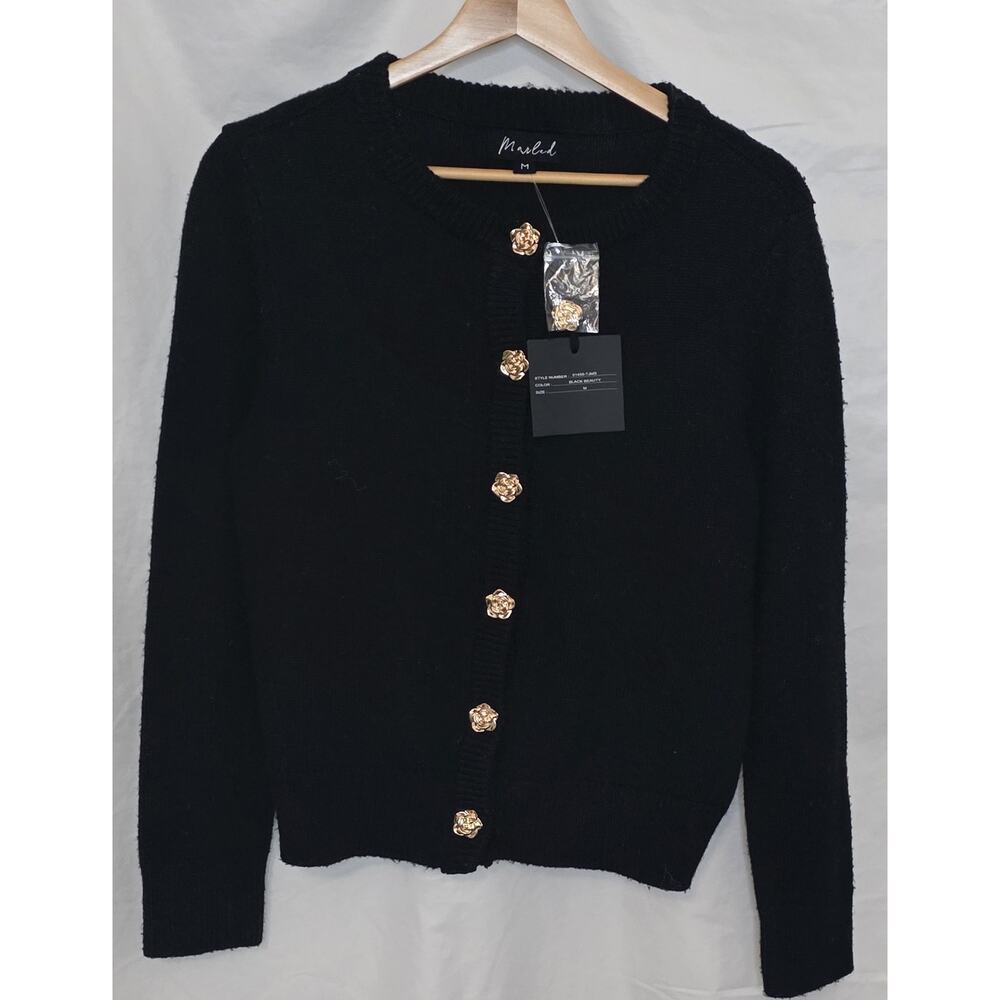 NWT Marled Women's Black‎ Cardigan Gold Rose-Shaped Buttons - Size Medium